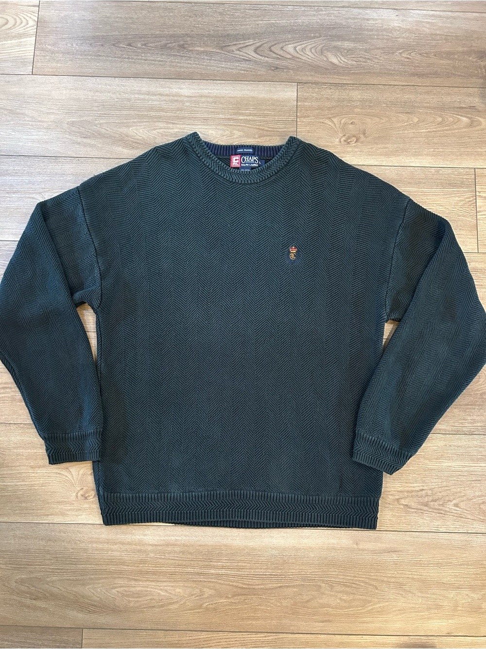 Vintage Chaps Ralph Lauren Herringbone Knit Crewneck Sweater Forest Green L